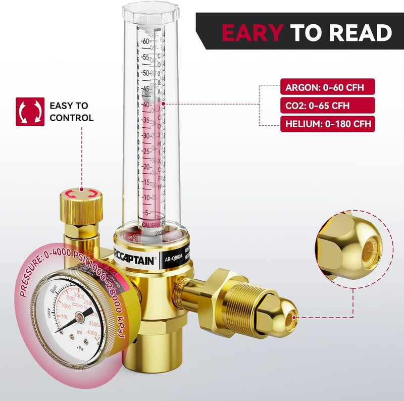 ARCCAPTAIN Argon/CO2/Helium Regulator with 8.2FT Inert Gas Welding Hose, MIG and TIG Flow Meter Gas Regulator Gauge Welding Weld, 0-4000 PSI, 0-180+ CFH, CGA580 Inlet Connection - Image 2